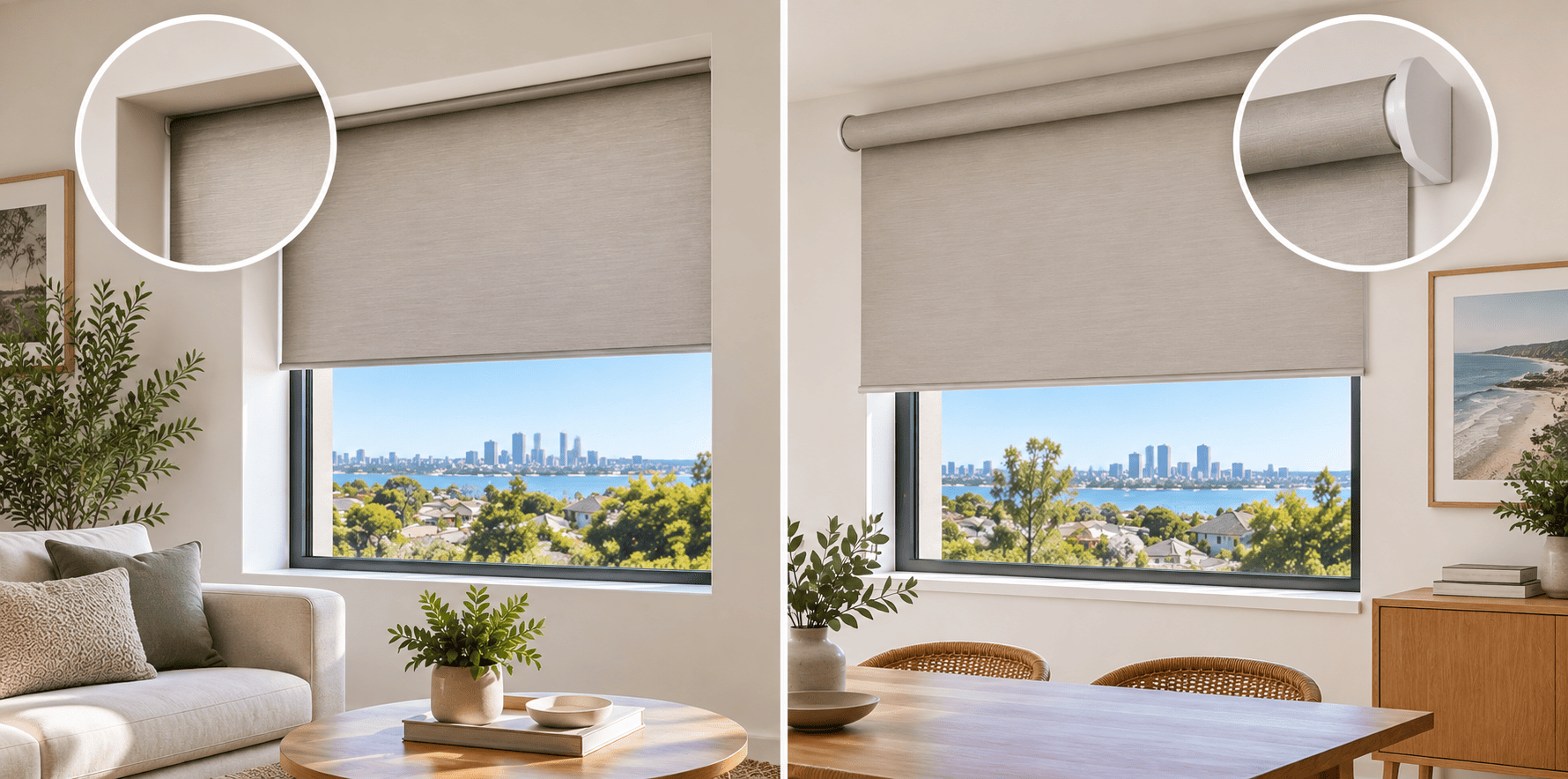 Recess fit and face fit roller blinds installed on modern residential windows in a Perth home.